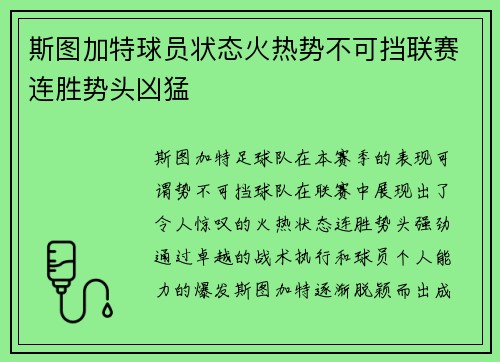 斯图加特球员状态火热势不可挡联赛连胜势头凶猛